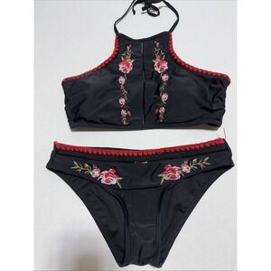 Vtg Betsey Johnson Y2K Black Embroidered 2 Piece Bikini Swimsuit Bottom S Top M